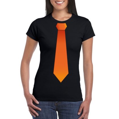 Bellatio Decorations Zwart t-shirt met oranje stropdas dames