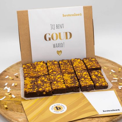 Brownies.nl Jij Bent Goud Waard Brownie - 12 Brownies Per Post - Brievenbus Pakket - Brownie Box - Hartjes - Bedankt Cadeau - Gouden Brownie - Chocolade Brownie