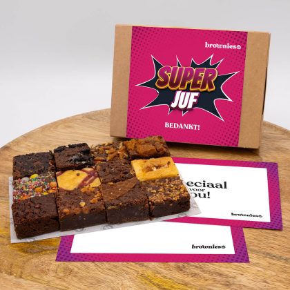 Brownies.nl Bedankt Juf Mini's Box - 12 Brownies Per Post - Brievenbus Pakket - 12 smaken - Juf Cadeau - Bedankt Juf - Bedankje juf - Bedankt Cadeau - Super Juf