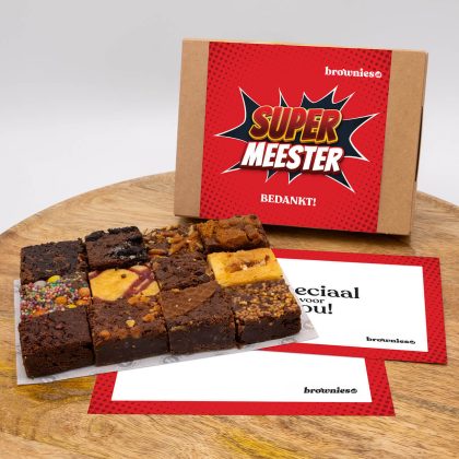 Brownies.nl Bedankt Meester Mini's Box - 12 Brownies Per Post - Brievenbus Pakket - 12 smaken - Meester Cadeau - Bedankt Meester - Bedankt cadeau - Super Meester - Brownie Box