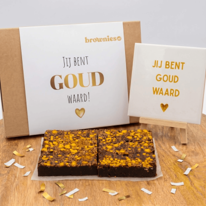 Brownies.nl Jij Bent Goud Waard & Tegeltje - Gouden Hartjes Brownie - 6 Brownies - Brievenbus Pakket - Brownie Box - Bedankt Cadeau - Jij Bent Goud Waard Tegeltje
