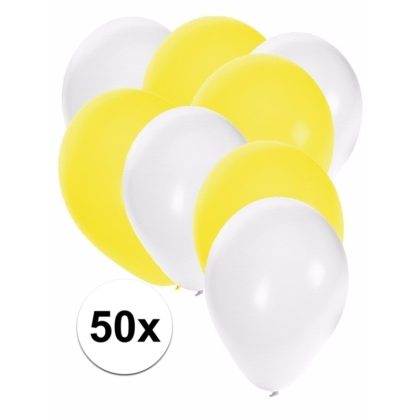 Shoppartners 50x ballonnen - 27 cm - wit / gele versiering