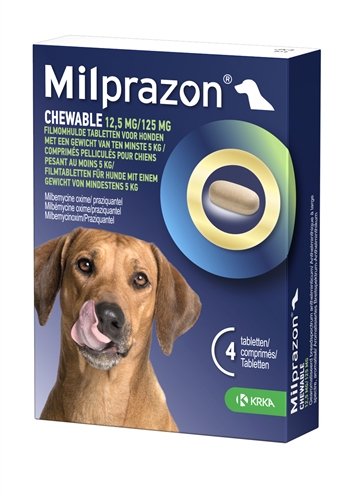 Van der Meer KRKA MILPRAZON KAUWTABLETTEN ONTWORMINGSTABLETTEN HOND >5 KG 12,5 MG/125 MG 4 TBL