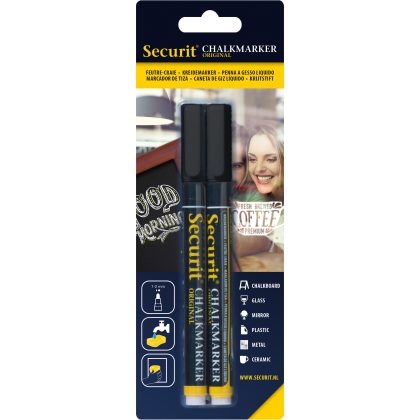 Securit 2x Zwarte vloeibare krijtstiften ronde punt 1-2 mm