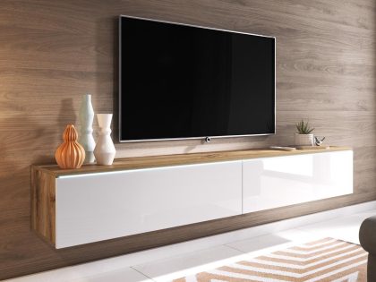 Mobistoxx TV-meubel DUBAI 2 klapdeuren 140 cm hoogglans wit/eik wotan met verlichting