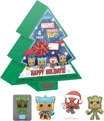 Funko Marvel Pocket Pop Holiday Tree 4-Pack - Baby Groot, Thor, Spider-Man, Groot (Glow in the Dark)