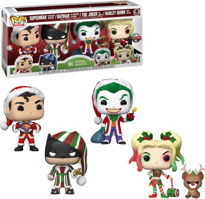 Funko DC Super Heroes Funko Pop Vinyl 4-Pack: Superman, Batman, The Joker & Harley Quin in Holiday Outfits