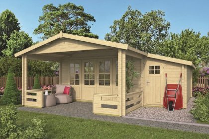 Tuindeco Manchester blokhut 440x440 cm + overkapping 223 cm 58 mm vuren groen geïmpregneerd