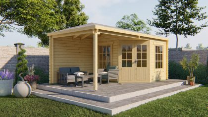 Tuindeco Jannie blokhut 300x300 cm + overkapping 275 cm 44 mm vuren groen geïmpregneerd