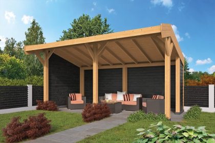 Tuindeco Goor Kapschuur 600x390 cm met Lariks/Douglashout blank en Zweeds rabat zwart wanden - Bouwpakket
