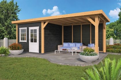 Tuindeco Holten tuinhuis 300x350 cm + overkapping 440 cm ongezaagd houtpakket Lariks/Douglas blank