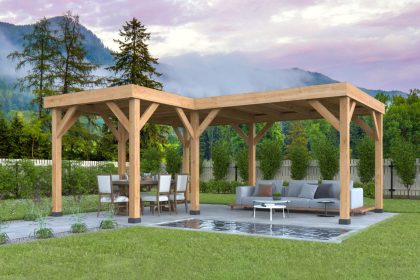 Tuindeco Beerze prieel 620x520 cm L-Vorm Douglas blank - Bouwpakket