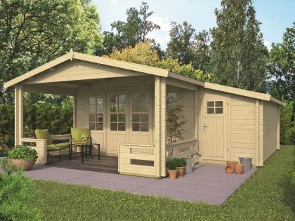 Tuindeco Coventry blokhut 440x340 cm + overkapping 223 cm 58 mm vuren red class wood geïmpregneerd
