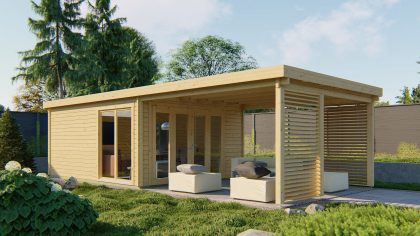 Tuindeco Casper blokhut 500x400 cm + overkapping 400 cm 58 mm vuren red class wood geïmpregneerd