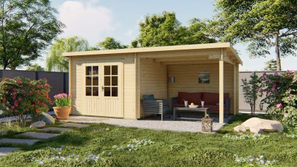 Tuindeco Chappo blokhut 300x300 cm + overkapping 298 cm 28 mm vuren red class wood geïmpregneerd