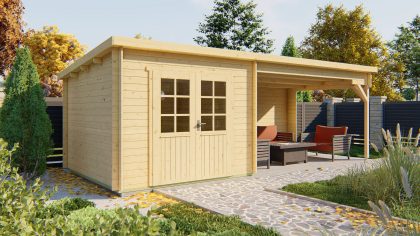 Tuindeco Charlotta Blokhut 300x300 cm + overkapping 400 cm 28 mm vuren blank