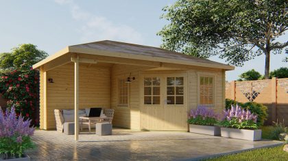 Tuindeco Christoffer Hoekblokhut 300x350 cm + overkapping 275 cm 28 mm vuren blank
