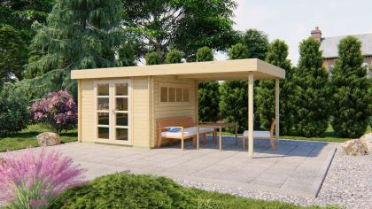 Tuindeco Dellinger blokhut 300x300 cm + overkapping 300 cm 28 mm vuren honing geïmpregneerd