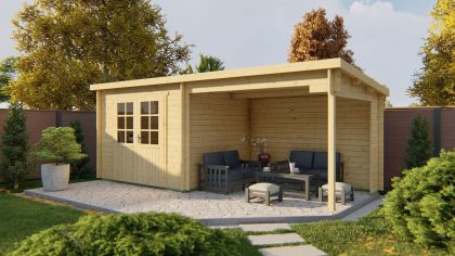 Tuindeco Freddy Blokhut 300x250 cm + overkapping 298 cm 28 mm vuren blank