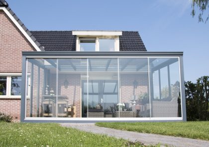 Verasol Glasschuifsysteem Profiline R3 (3-spoor) type C - 243,5x214,5 cm RAL9010 (gebroken wit), vast deel links - Rails antraciet - SALE25014