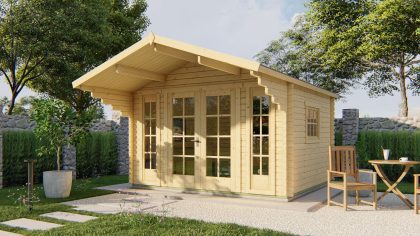Tuindeco Inglund blokhut 380x320 cm + overkapping 150 cm 44 mm vuren honing geïmpregneerd