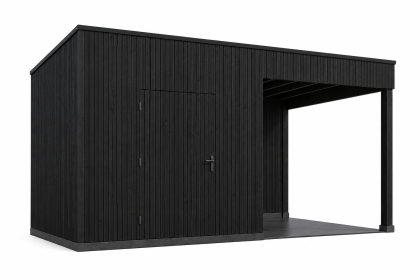 Tuindeco KubeLine tuinhuis 280x380 cm + overkapping 310 cm Douglas zwart gespoten