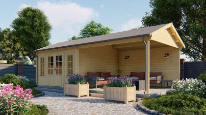 Tuindeco Kwaspa blokhut 400x400 cm + overkapping 400 cm 44 mm vuren red class wood geïmpregneerd