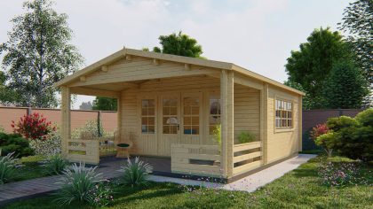 Tuindeco Nottingham blokhut 540x440 cm + overkapping 200 cm 58 mm vuren groen geïmpregneerd