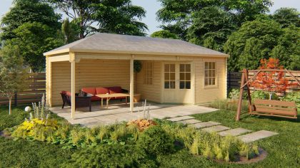 Tuindeco Paiva blokhut 350x350 cm + overkapping 450 cm 44 mm vuren red class wood geïmpregneerd