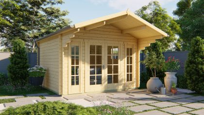 Tuindeco Sören Blokhut 380x380 cm + overkapping 150 cm 44mm vuren blank