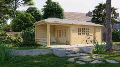 Tuindeco Sibella Blokhut 420x420 cm + overkapping 280 cm 44 mm vuren blank
